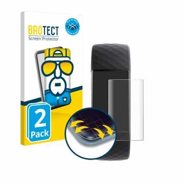 Front side of a product packaging with the brand logo BROTECT. Next to it is the device Fitbit Charge 3 shown with the corresp