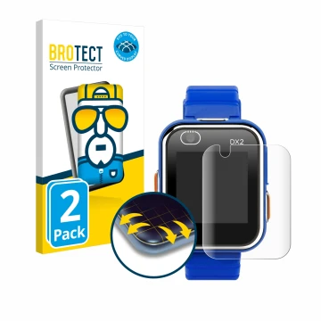 Front side of a product packaging with the brand logo BROTECT. Next to it is the device Vtech Kidizoom Smart Watch DX2 shown w