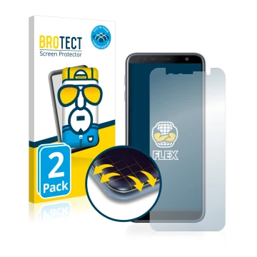 Front side of a product packaging with the brand logo BROTECT. Next to it is the device Samsung Galaxy J6 Plus shown with the 