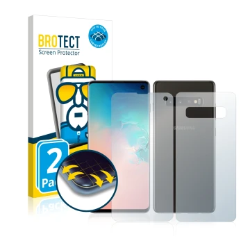 Front side of a product packaging with the brand logo BROTECT. Next to it is the device Samsung Galaxy S10 (Front+Back) shown 