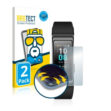 Front side of a product packaging with the brand logo BROTECT. Next to it is the device Huawei Band 3 Pro shown with the corre
