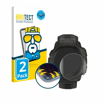 Front side of a product packaging with the brand logo BROTECT. Next to it is the device Garmin Instinct shown with the corresp