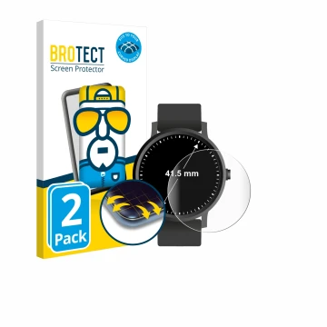 Front side of a product packaging with the brand logo BROTECT. Next to it is the device Watches (Circular, ø: 41.5 mm) shown w