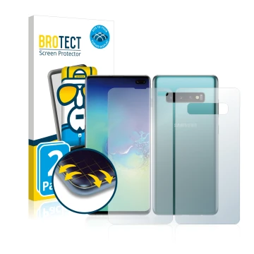 Front side of a product packaging with the brand logo BROTECT. Next to it is the device Samsung Galaxy S10 Plus (Front+Back) s