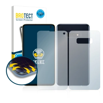 Front side of a product packaging with the brand logo BROTECT. Next to it is the device Samsung Galaxy S10e (Front+Back) shown