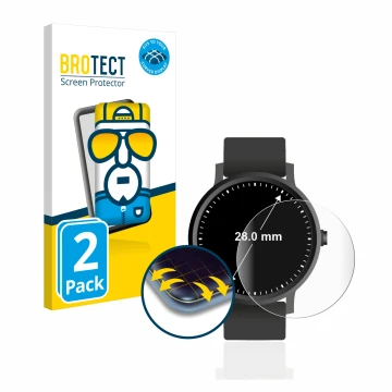 Front side of a product packaging with the brand logo BROTECT. Next to it is the device Circular Displays (ø: 28 mm) shown wit