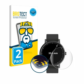 Front side of a product packaging with the brand logo BROTECT. Next to it is the device Circular Displays (ø: 35 mm) shown wit