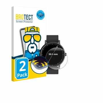 Front side of a product packaging with the brand logo BROTECT. Next to it is the device Circular Displays (ø: 36 mm) shown wit