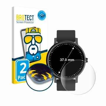 Front side of a product packaging with the brand logo BROTECT. Next to it is the device Circular Displays (ø: 37 mm) shown wit