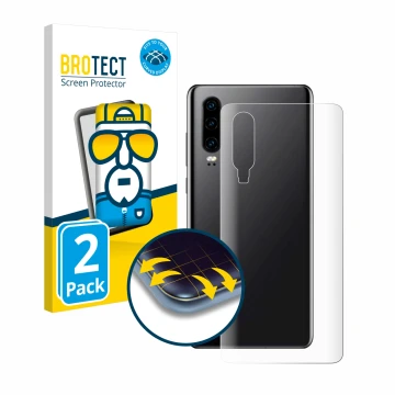 Front side of a product packaging with the brand logo BROTECT. Next to it is the device Huawei P30 (Back) shown with the corre
