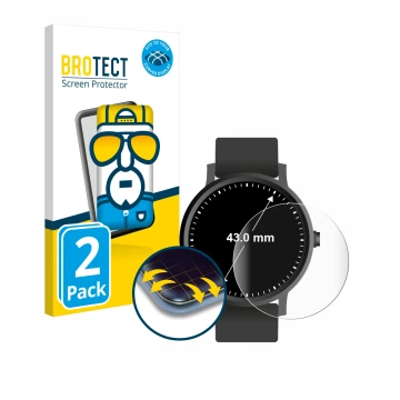 Front side of a product packaging with the brand logo BROTECT. Next to it is the device Circular Displays (ø: 43 mm) shown wit