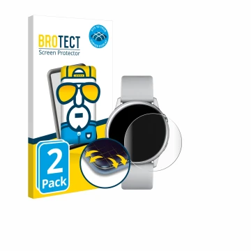 Front side of a product packaging with the brand logo BROTECT. Next to it is the device Samsung Galaxy Watch Active shown with