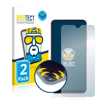 Front side of a product packaging with the brand logo BROTECT. Next to it is the device Samsung Galaxy A10 shown with the corr