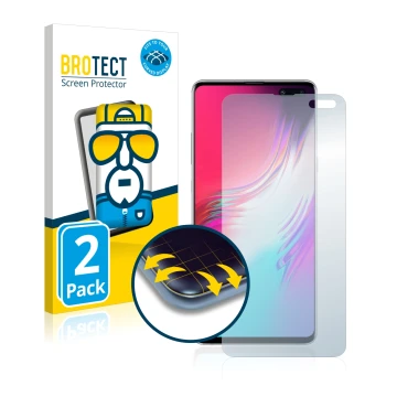 Front side of a product packaging with the brand logo BROTECT. Next to it is the device Samsung Galaxy S10 5G shown with the c