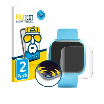 Front side of a product packaging with the brand logo BROTECT. Next to it is the device Fitbit Versa Lite Edition shown with t
