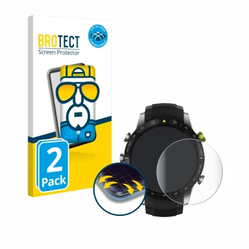 Front side of a product packaging with the brand logo BROTECT. Next to it is the device Garmin Marq Athlete shown with the cor