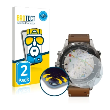 Front side of a product packaging with the brand logo BROTECT. Next to it is the device Garmin Marq Adventurer shown with the 