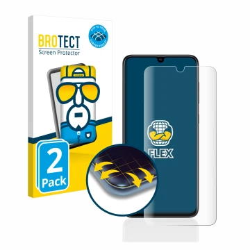 Front side of a product packaging with the brand logo BROTECT. Next to it is the device Samsung Galaxy A70 shown with the corr