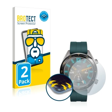 Front side of a product packaging with the brand logo BROTECT. Next to it is the device Huawei Watch GT Active shown with the 