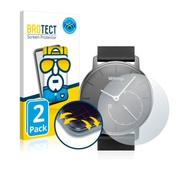 Front side of a product packaging with the brand logo BROTECT. Next to it is the device Withings Activité Pop shown with the c