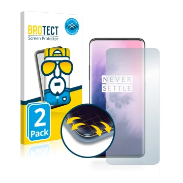 Front side of a product packaging with the brand logo BROTECT. Next to it is the device OnePlus 7 Pro shown with the correspon