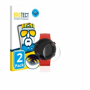Front side of a product packaging with the brand logo BROTECT. Next to it is the device Garmin Forerunner 45 shown with the co