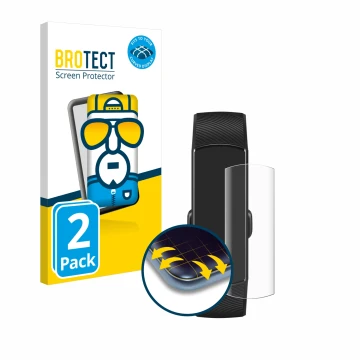 Front side of a product packaging with the brand logo BROTECT. Next to it is the device Honor Band 5 shown with the correspond