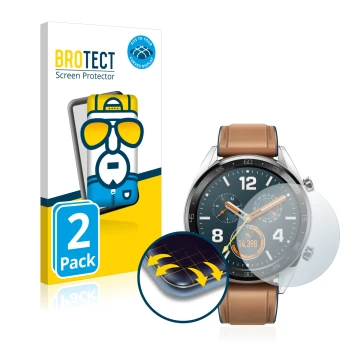 Front side of a product packaging with the brand logo BROTECT. Next to it is the device Huawei Watch GT Classic shown with the