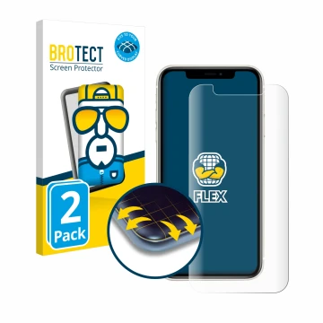 Front side of a product packaging with the brand logo BROTECT. Next to it is the device Apple iPhone 11 shown with the corresp