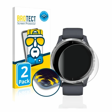 Front side of a product packaging with the brand logo BROTECT. Next to it is the device Garmin Venu (43 mm) shown with the cor