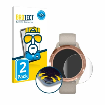Front side of a product packaging with the brand logo BROTECT. Next to it is the device Garmin vivomove 3S (39 mm) shown with 