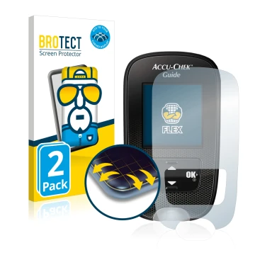 Front side of a product packaging with the brand logo BROTECT. Next to it is the device Accu-Chek Guide shown with the corresp