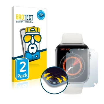 Front side of a product packaging with the brand logo BROTECT. Next to it is the device Apple Watch Series 5 (44 mm) shown wit