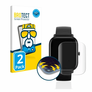 Front side of a product packaging with the brand logo BROTECT. Next to it is the device Huami Amazfit GTS shown with the corre