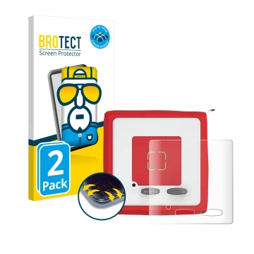 Front side of a product packaging with the brand logo BROTECT. Next to it is the device Tonies Toniebox shown with the corresp
