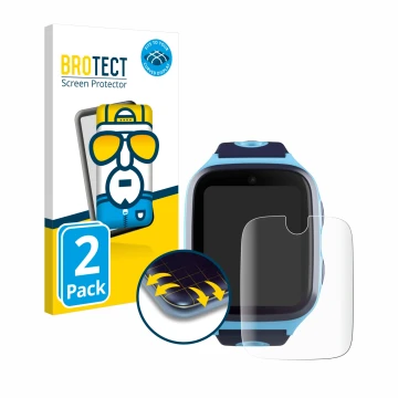 Front side of a product packaging with the brand logo BROTECT. Next to it is the device Xplora X4 shown with the corresponding