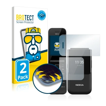 Front side of a product packaging with the brand logo BROTECT. Next to it is the device Nokia 2720 Flip shown with the corresp