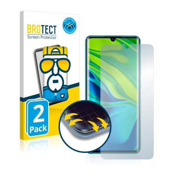 Front side of a product packaging with the brand logo BROTECT. Next to it is the device Xiaomi Mi Note 10 shown with the corre