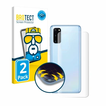 Front side of a product packaging with the brand logo BROTECT. Next to it is the device Samsung Galaxy S20 (Back) shown with t