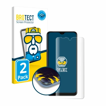 Front side of a product packaging with the brand logo BROTECT. Next to it is the device Blackview A80 Pro shown with the corre