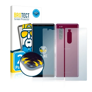 Front side of a product packaging with the brand logo BROTECT. Next to it is the device Sony Xperia 5 (Front+Back) shown with 