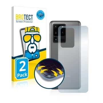 Front side of a product packaging with the brand logo BROTECT. Next to it is the device Samsung Galaxy S20 Ultra (Back) shown 