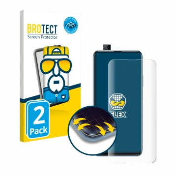 Front side of a product packaging with the brand logo BROTECT. Next to it is the device Huawei P smart Pro 2019 shown with the