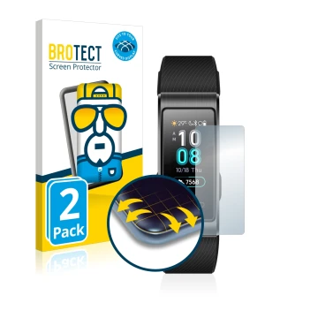 Front side of a product packaging with the brand logo BROTECT. Next to it is the device Huawei Band 4 Pro shown with the corre