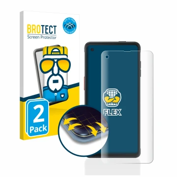 Front side of a product packaging with the brand logo BROTECT. Next to it is the device Samsung Galaxy XCover Pro shown with t