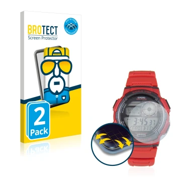 Front side of a product packaging with the brand logo BROTECT. Next to it is the device Casio AE-1000W shown with the correspo