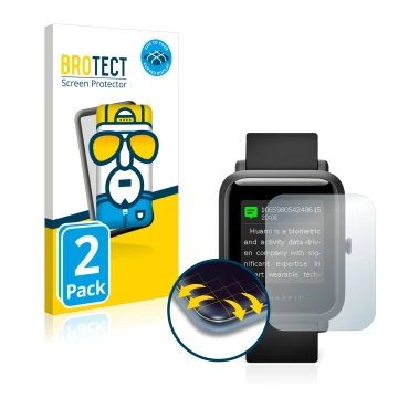 Front side of a product packaging with the brand logo BROTECT. Next to it is the device Huami Amazfit Bip S shown with the cor