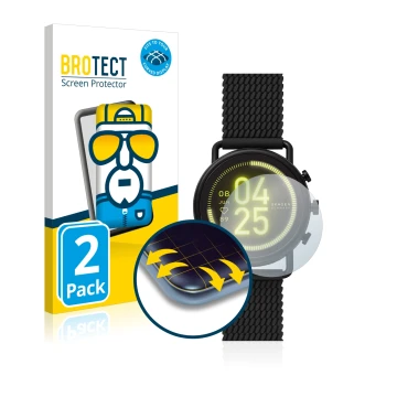 Front side of a product packaging with the brand logo BROTECT. Next to it is the device Skagen Smartwatch Falster 3 shown with
