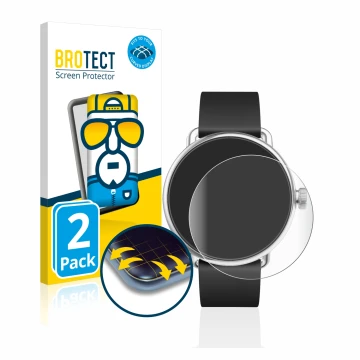 Front side of a product packaging with the brand logo BROTECT. Next to it is the device Withings ScanWatch (38 mm) shown with 