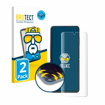 Front side of a product packaging with the brand logo BROTECT. Next to it is the device Samsung Galaxy Z Flip shown with the c